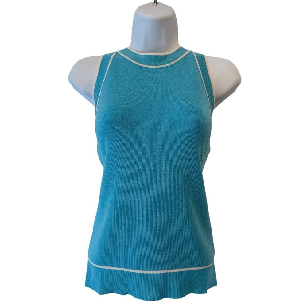 ANNIEWEAR NWT Turquoise Knit Stretch Tank with Mock Neck White Accents M